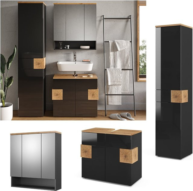 Vicco Badmöbel Set Eden in Anthrazit und Eiche bestehend aus Spiegelschrank, Unterschrank und Hochschrank - Bild 1