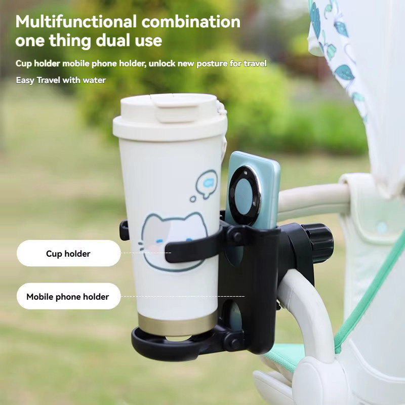 Universeller Kinderwagen-Organizer in Schwarz mit 2-in-1-Getränkehalter und Telefonhalterung sowie faltbarem Caddy im gewebten Design - Bild 2
