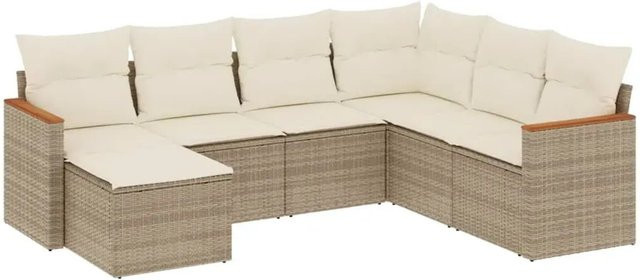 vidaXL 7-teilige Garten-Sofagarnitur in L-Form aus Poly-Rattan und Akazienholz mit Kissen in Beige-Creme - Bild 1