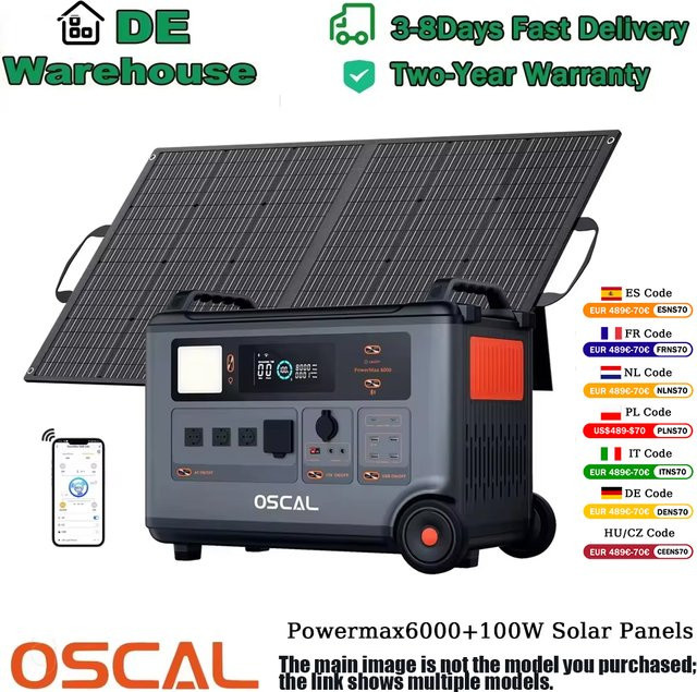 Oscal Powermax6000 Powerstation mit 100W Solarpanels, 3600Wh Kapazität, LiFePO4-Batterie und Smart App-Steuerung - Bild 1