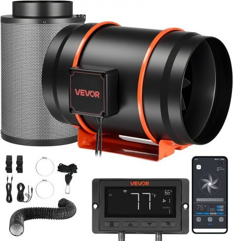 VEVOR Inline Duct Fan Kit mit Aktivkohlefilter, 203 mm EC-Motor Lüfter mit 10-Stufen-PWM-Controller, App-Steuerung und Timer, Schwarz, 1372 m³/h für Indoor Gardening und Hydroponik - Bild 1