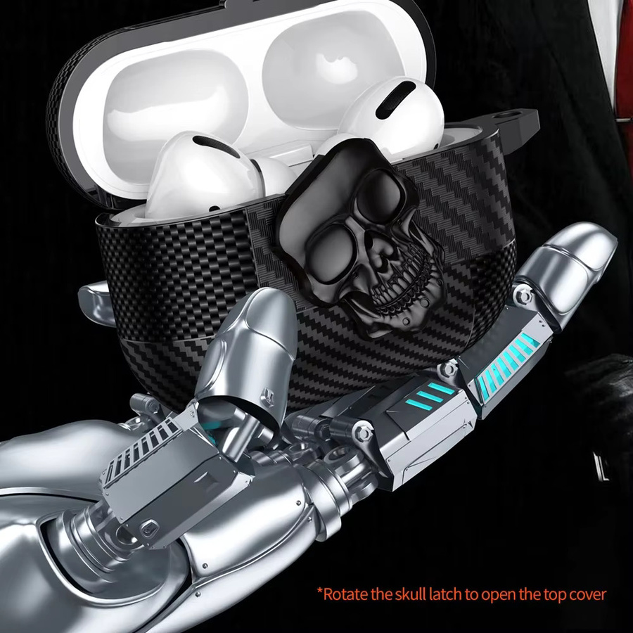 Kopfhörerhülle mit Totenkopf-Design und Kohlefaser-Textur für Apple AirPods Pro 2 3 4, inklusive Karabiner und drehbarem Schloss, Schwarz - Bild 3