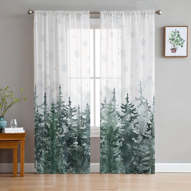 Moderne Tüll-Voile-Fenstervorhänge mit Weihnachts-Aquarell-Kiefernwald-Motiv von Your Warm Home, transparent, mehrfarbig, B: 135 cm, H: 114 cm - Bild 1