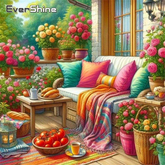 EverShine Diamant-Stickerei Landschaftsbild mit floralem Mosaik-Blumenmuster und Strasssteinen, Multicolor, B/H: 20 x 20 cm - Bild 1