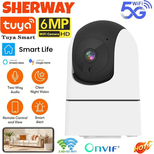 Tuya 5G WiFi IP Kamera Indoor 6MP Drahtlose Überwachungskamera mit Auto Tracking, Baby Monitor und IR Nachtsicht in Weiß - Bild 1