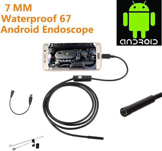QINQING Flexible Endoskopkamera mit 6 LEDs, IP67 Wasserdicht, 7 mm Durchmesser, USB und Micro-USB/USB-C Anschluss, 1 m Länge, Schwarz - Bild 1