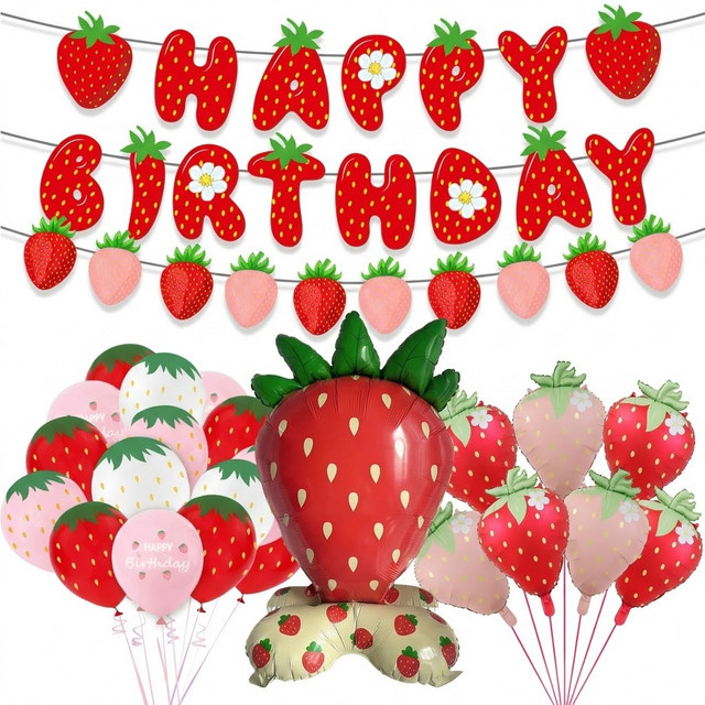 EsenTroye Erdbeer-Geburtstagsdekorationsset für Mädchen zum 1. Geburtstag mit Folienballons, Banner und Tortendekoration in Rot und Floral-Design - Bild 1