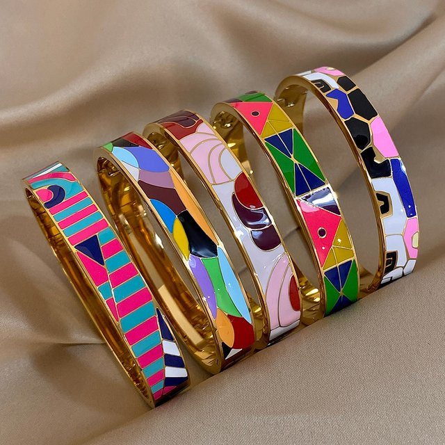 Greatera Manschettenarmband Edelstahl, Emaille, Buntes Muster, Damen - Bild 1