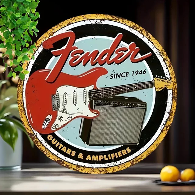 Vintage Fender Gitarren- und Verstärker-Logo Metallschild für deine Wanddekoration in der Bar oder im Musikzimmer, B/H: 20 x 20 cm - Bild 1