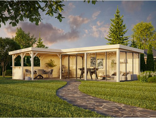 PALMAKO Pavillon Lenna Set 421 Slide aus Fichtenholz mit Alu-Schiebetüren und Eck-Tresenanlage, braun, B/H/T: 876 x 245 x 588 cm - Bild 1