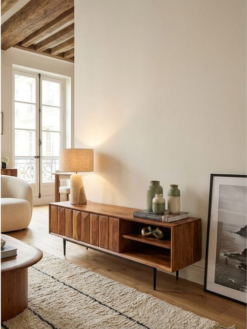 KADIMA DESIGN Lowboard aus Massivholz in Braun mit modernem Streifenmuster, B/T/H: 123 x 42 x 35 cm - Bild 1
