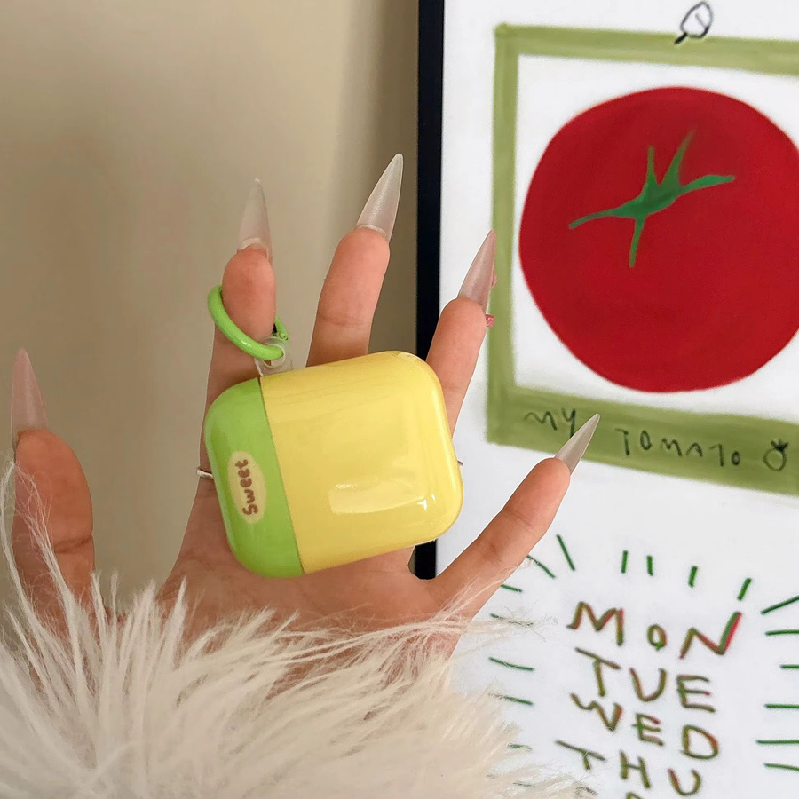 Glänzende Schutzhülle für Apple AirPods 1 2 3 4 Pro Pro 2 in Zitronengelb und Grün mit grünen Ringen - Bild 3