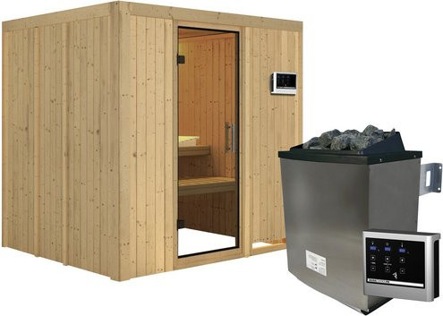 Karibu Sauna Rakvere aus Fichtenholz in Beige inklusive 9 kW Saunaofen mit externer Steuerung für 3 Personen, B/T/H: 170 x 198 x 196 cm - Bild 1