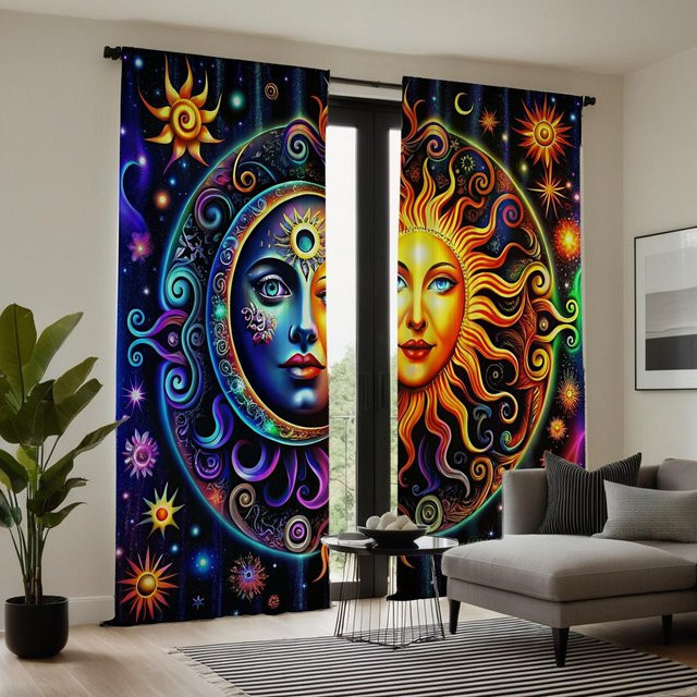2er-Set Dekorative Vorhänge von Household supplies MH mit Sternenhimmel Sonne und Mond Motiv in Lila, Breite: 132 cm, Höhe: 160 cm - Bild 1