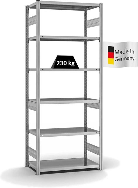 PROREGAL Fachbodenregal Stecksystem T-Profil Medium-Duty Grundregal, verzinkt, Farbe: Silber, H x B x T: 250 x 100 x 50 cm, 6 Ebenen, Fachlast 230 kg, beidseitig nutzbar - Bild 1