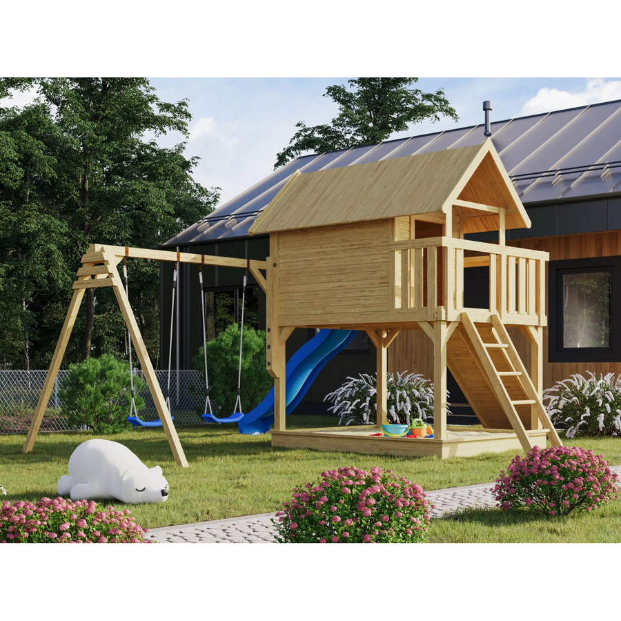 Karibu Stelzenhaus Fidel Natur mit Doppelschaukel und blauer Wellenrutsche - Bild 2