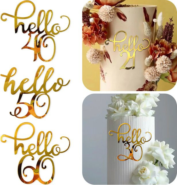 3er Set goldene Acryl Kuchen Topper von hello21 zur Dekoration für Geburtstag oder Hochzeitstag - Bild 1
