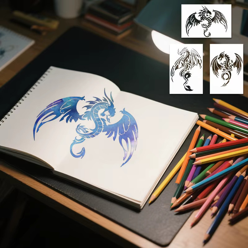 YOMDID 3er Set Drachen Zeichenvorlagen aus PET für DIY-Drachenmuster, Sprühmalerei und Graffiti-Dekoration, B: 24,0 cm, H: 16,0 cm - Bild 3