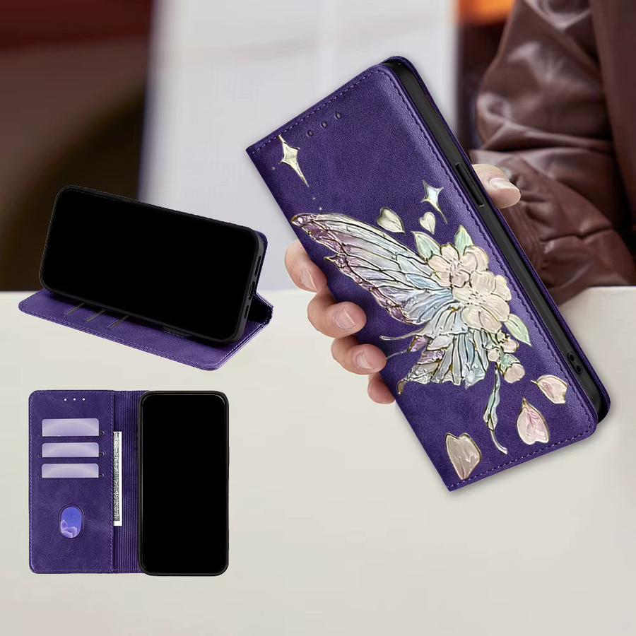 Magnetische Leder-Handtasche mit Schmetterlingsmuster als Flip Wallet Cover für iPhone 17 Pro Max, 16, 15, 14, 13, 12, 11 Pro Max, 16 Plus und 16E in Schwarz - Bild 3