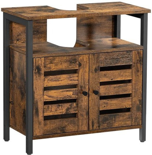 VASAGLE Waschbeckenunterschrank Badezimmerschrank im Industrial Design mit Stahlrahmen und Jalousientüren in Braun und Schwarz - Bild 1