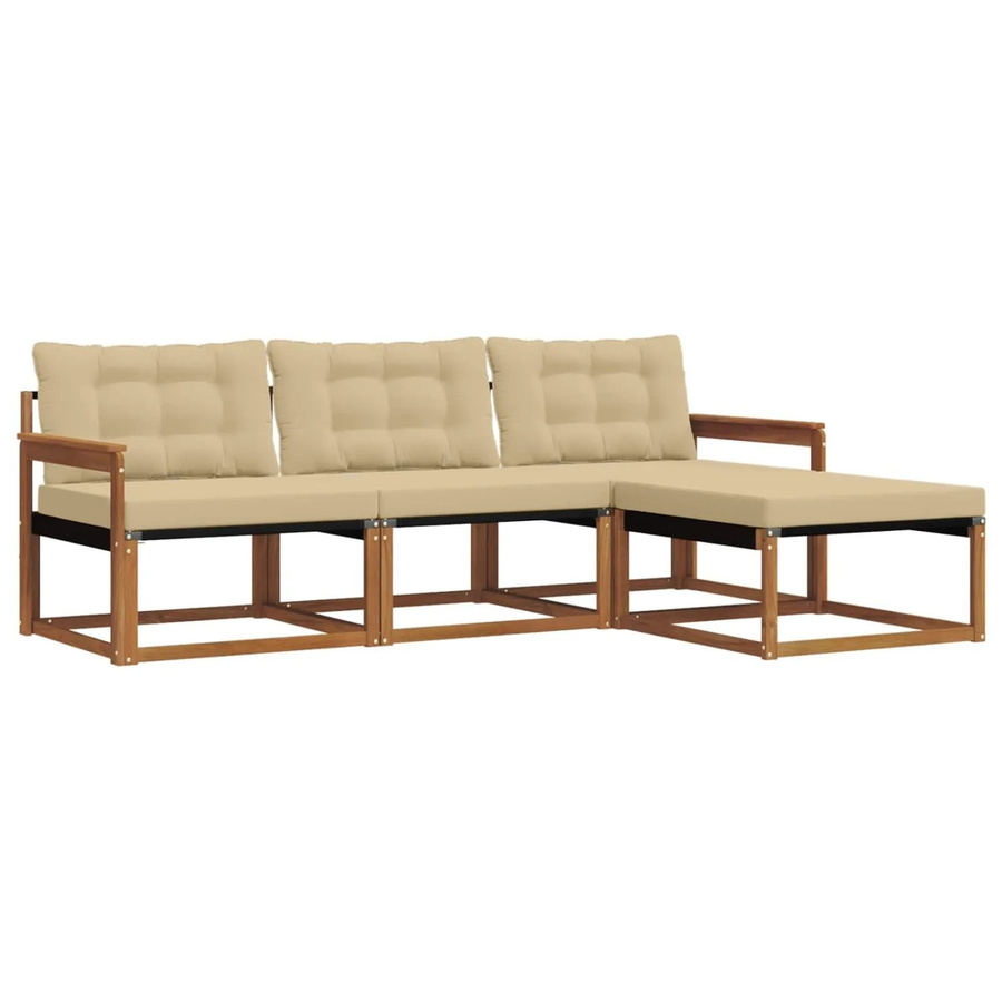 vidaXL Outdoor-Sofagarnitur aus Akazienholz mit Kissen und Ottoman, 4-teiliges L-Shape Set, Braun und Beige - Bild 2