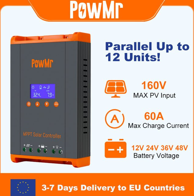 PowMr MPPT 60A Solarladeregler für Blei-Säure- und Lithium-Batterien, kompatibel mit 12 V, 24 V, 36 V und 48 V, unterstützt bis zu 12 parallel geschaltete Einheiten - Bild 1