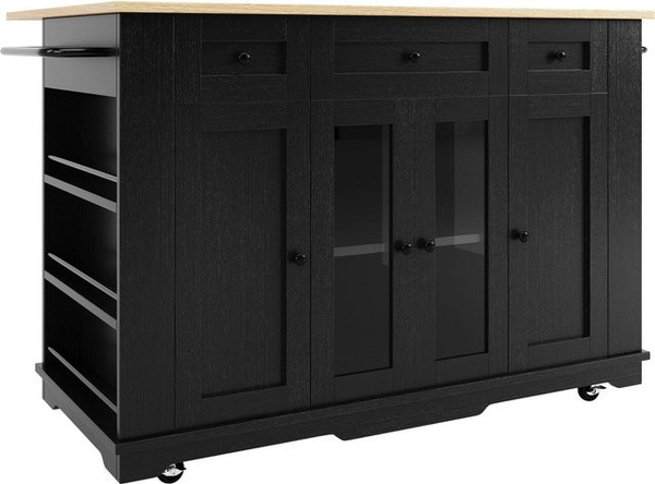 okwish Kücheninsel in Schwarz mit Glastür, Arbeitsplatte und Stauraum, B/T/H: 151 x 85 x 91 cm