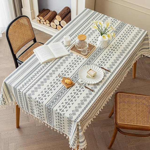 JMG Household Supplies Tischdecke im Bohemian-Stil aus Baumwolle und Leinen mit geometrischem Muster und Quasten, Weiß, B/T: 90 x 90 cm - Bild 1