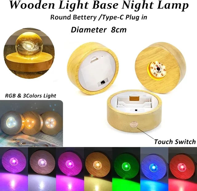 LINYILIGHT Kabelloses LED-Nachtlicht mit Kristallkugel und Holzsockel, Rund, RGB und 3 Farben, Braun/Transparent - Bild 1