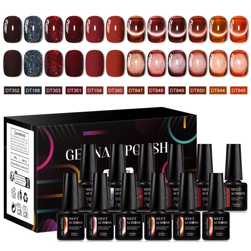 MEET ACROSS Katze Magnetisches Gel Nagellack Set, Wein Rot, 12 Stück - Bild 1