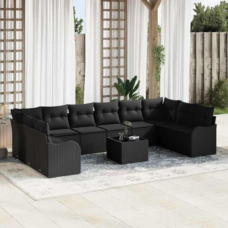 vidaxl Garten-Sofa-Set aus Poly-Rattan mit 11-teiligem Kissen-Set in Schwarz - Bild 1