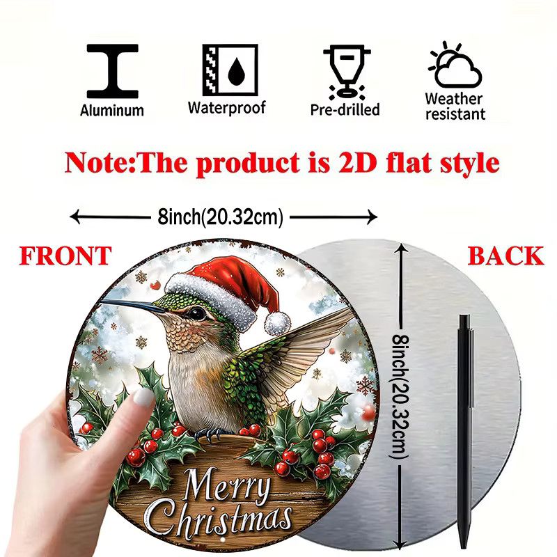 Potdemiel Rundes Metallschild Kolibri Frohe Weihnachten aus Aluminium in Multicolor, Rustikale Wanddekoration für Zuhause und Büro, Durchmesser: 20,32 cm - Bild 2