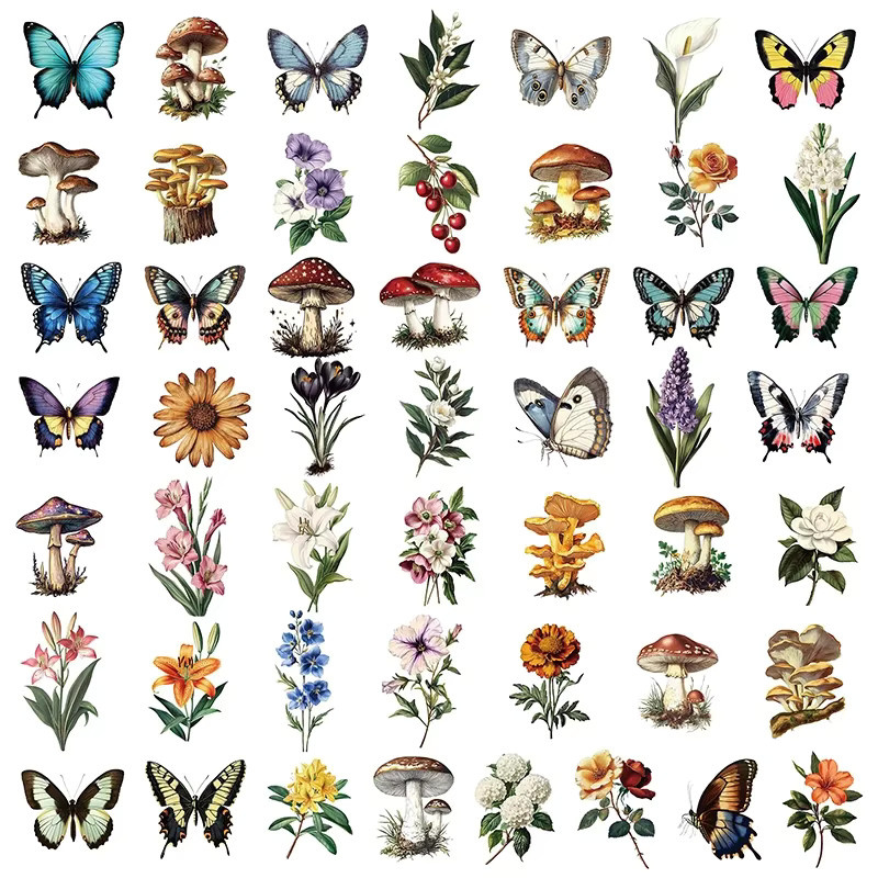 50 Stück wasserfeste Schmetterlings-Aufkleber mit bunten Blumen- und Pilz-Motiven für Laptop, Schreibwaren und Scrapbooking in Multicolour - Bild 3