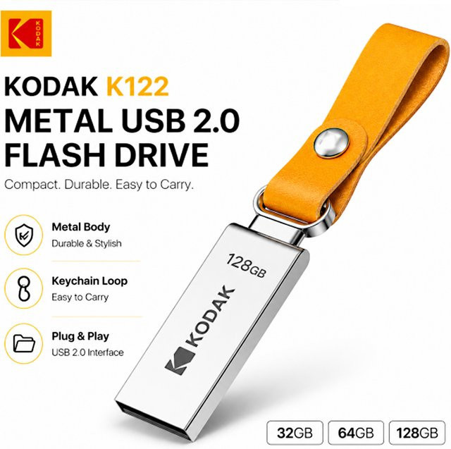 Kodak K122 Metall USB 2.0 Flash-Laufwerk in Gelb und Silber mit Schlüsselanhänger für Laptop, PC und Audio-Geräte - Bild 1