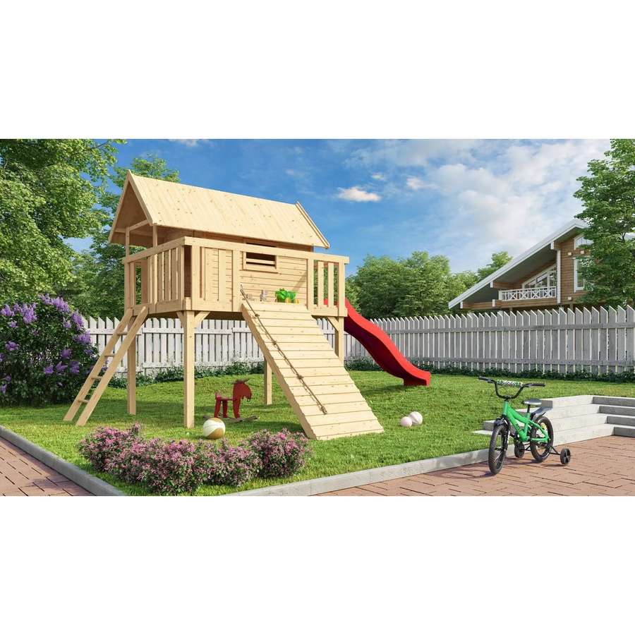 Karibu Stelzenhaus Fidel Set in Natur mit roter Wellenrutsche und Holzrampe, B/H/T: 198 x 329,5 x 243 cm - Bild 2