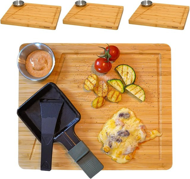DuneDesign Raclette Teller Set mit Dipschale für 4 Personen aus Bambus und Edelstahl in Beige und Braun, B/T: 30 x 25 cm - Bild 1