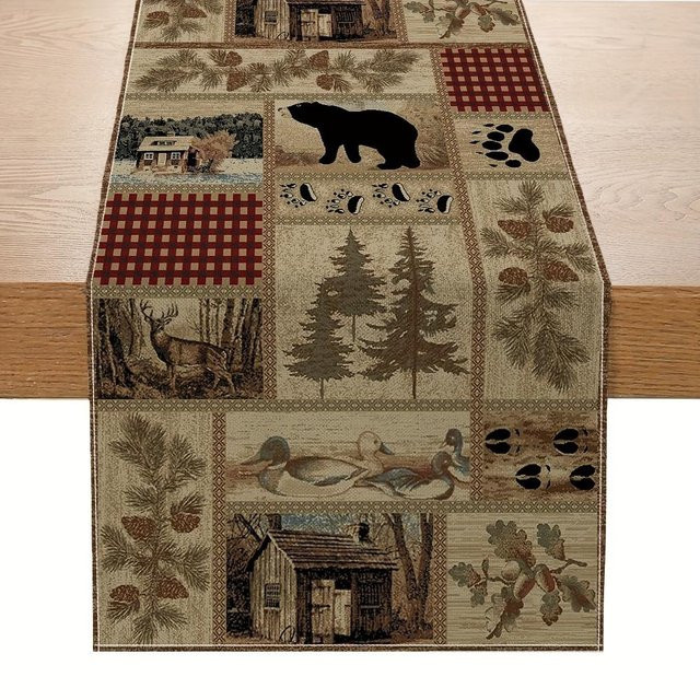 JINGYUE Pet Tischläufer aus Leinen im Vintage-Stil mit Bären-Motiv, Farbe: Schwarz/Beige, B/T: 150 x 33 cm - Bild 1