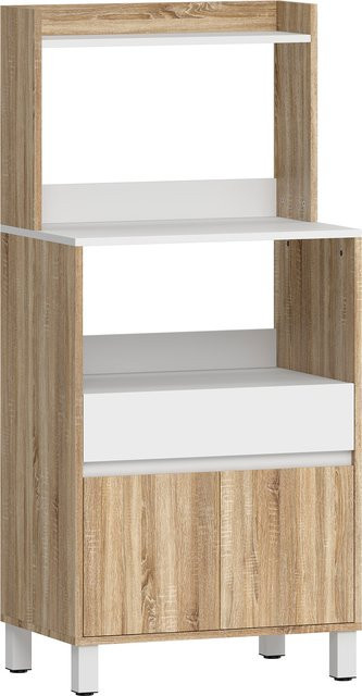 HOMCOM Mikrowellenschrank mit Schublade und Soft-Close-Türen, Küchenschrank mit Arbeitsfläche und offenen Regalen, Eiche und Weiß, B/T/H: 60 x 40 x 131 cm - Bild 1