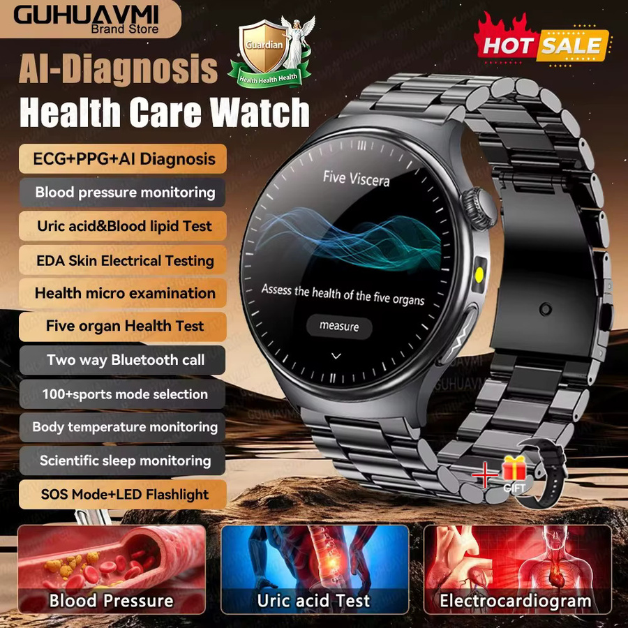 GUHUAVMI Smartwatch für Männer in Schwarz mit Lederarmband und Gesundheitsfunktionen wie EKG, HRV, PPG, Blutdruck, Temperatur und Harnsäure-Messung - Bild 7