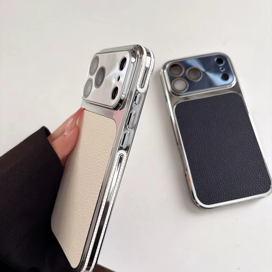 Apple Handyhülle mit mattierter Lychee-Leder-Textur für iPhone 17 16 15 14 13 Pro Max in Laser Silberner Stoßfester Bumper-Schutz - Bild 4