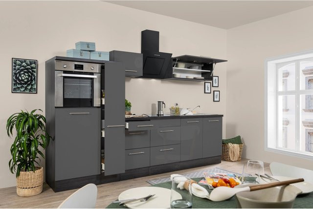 Respekta Premium Küchenzeile modern in Grau Hochglanz-Eiche mit Soft-Close-Türen und Schubladen, Breite: 300 cm, Höhe: 91 cm, Tiefe: 54 cm - Bild 1