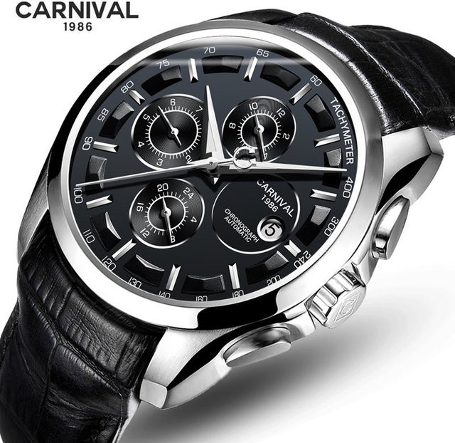 Carnival Brand Automatik-Armbanduhr, Leder, Schwarz, Herren - Bild 1