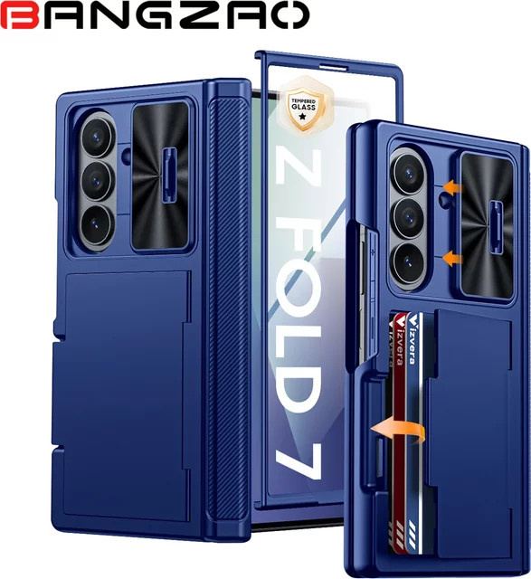 BANGZAO Stoßfeste Handyhülle für die Galaxy Z Fold Serie mit Kartenhalter, Schiebe-Kameraabdeckung und RFID-Blockierung in Blau - Bild 1