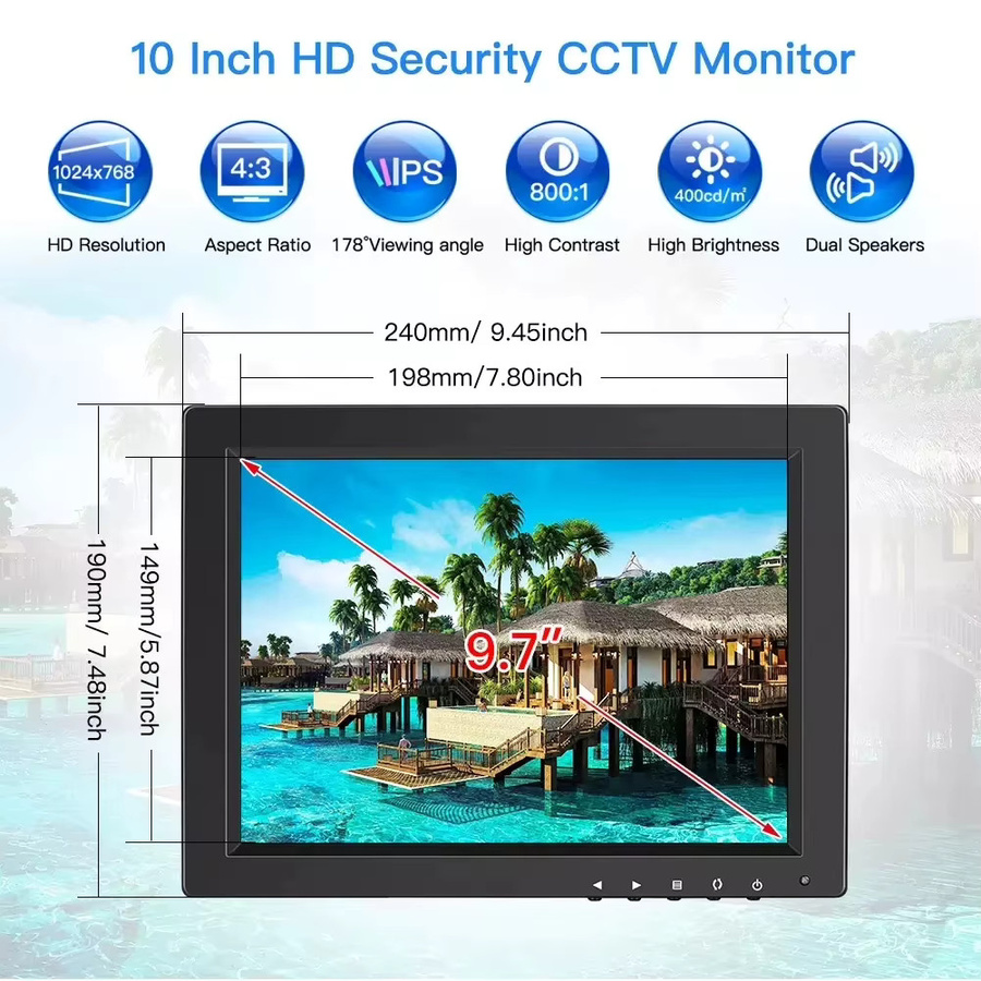 Eyoyo 10 Zoll Desktop-Monitor HD 1024x768 LCD-Display mit HDMI, VGA, BNC und AV-Anschluss in Schwarz für Videoüberwachung - Bild 2
