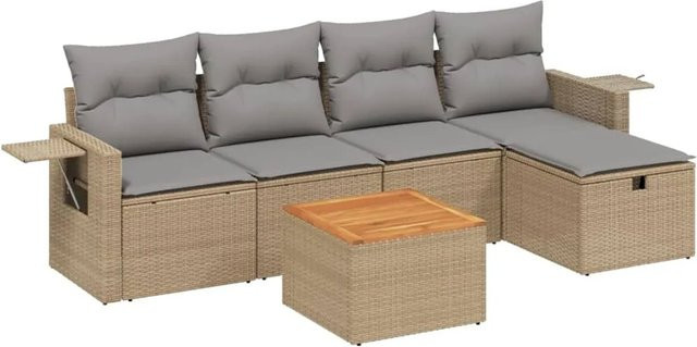 vidaXL 6-tlg Garten-Sofagarnitur in L-Form mit Polsterkissen und Couchtisch, Beige, Poly Rattan und Metallgestell - Bild 1