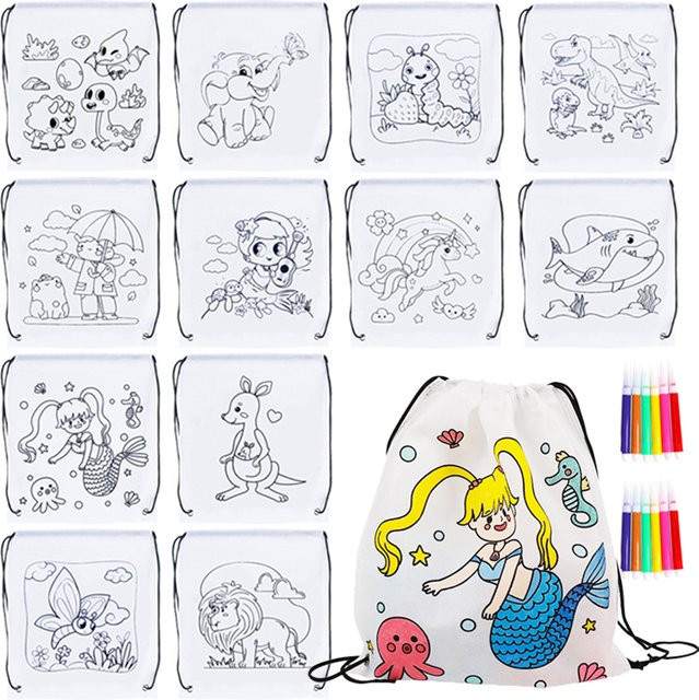 5er Set Graffiti Kordelzug Beutel in Weiß mit 6 farbigen Mini Stiften, B/H: 32 x 28 cm, wiederverwendbare Basteltaschen für Geburtstage und Partys - Bild 1