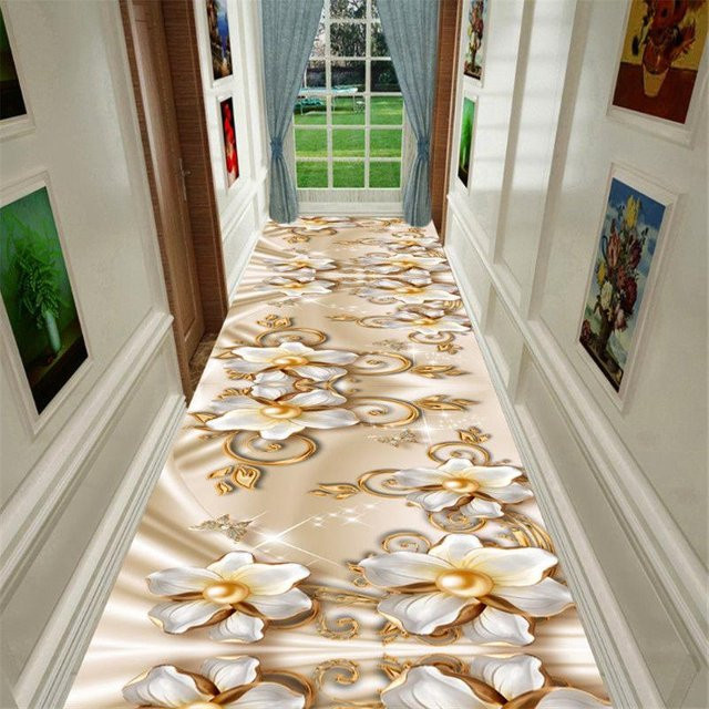 Langer Teppich mit goldenem Blumenmuster von Super Six, Antirutschmatte für Flur, Schlafzimmer und Korridor, Farbe: Gold/Beige, B/T: 80 x 100 cm - Bild 1