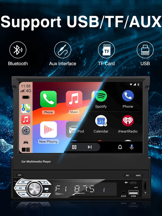 Ezonetronics Universal 7-Zoll einziehbarer MP5 Auto-Multimedia-Player mit kabellosem CarPlay und Android Auto in Schwarz - Bild 4