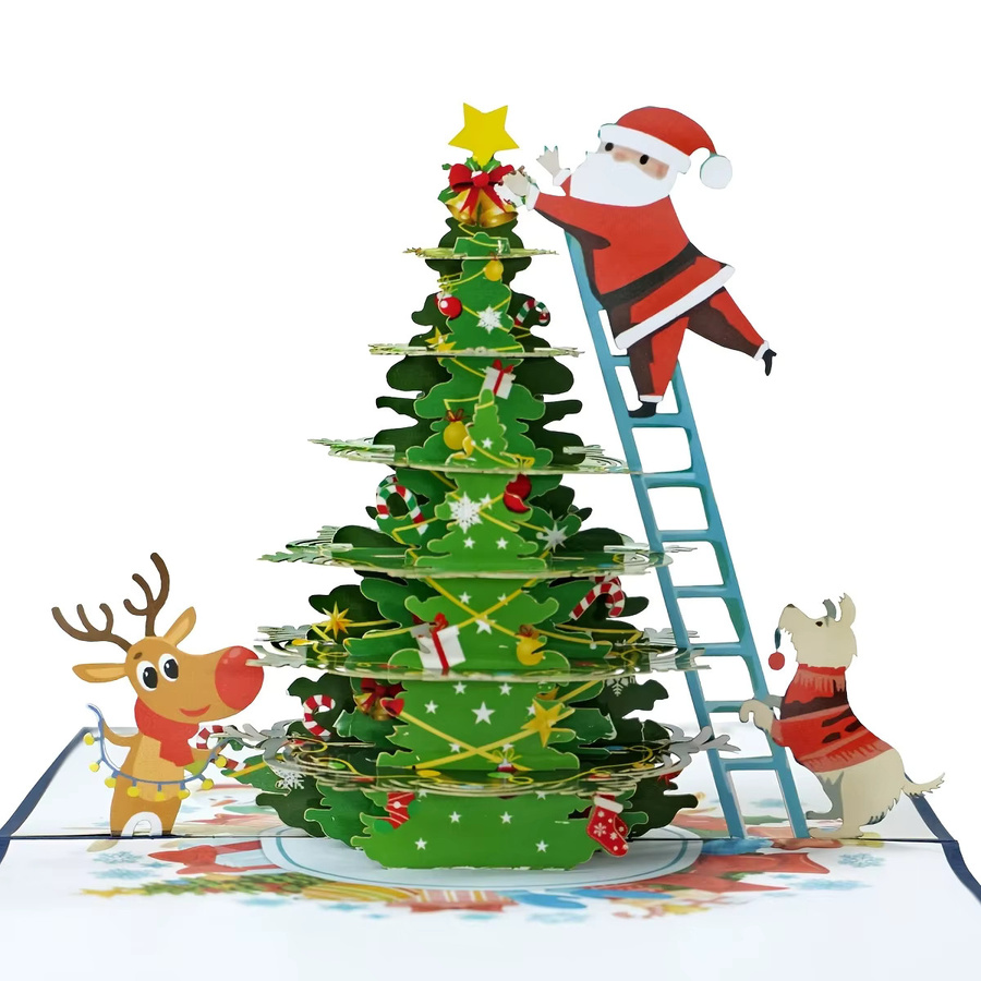Handgefertigte 3D-Pop-Up-Weihnachtskarte mit Winterhaus und Weihnachtsstern in Mehrfarbig inklusive Umschlag - Bild 2