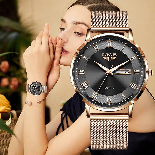 Lige Armbanduhr Quarz, Milanaise, Schwarz, Roségold, Damen - Bild 1